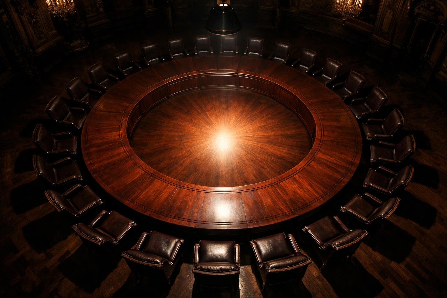 Empty circular Bilderberg-style conference table in a candlelit room