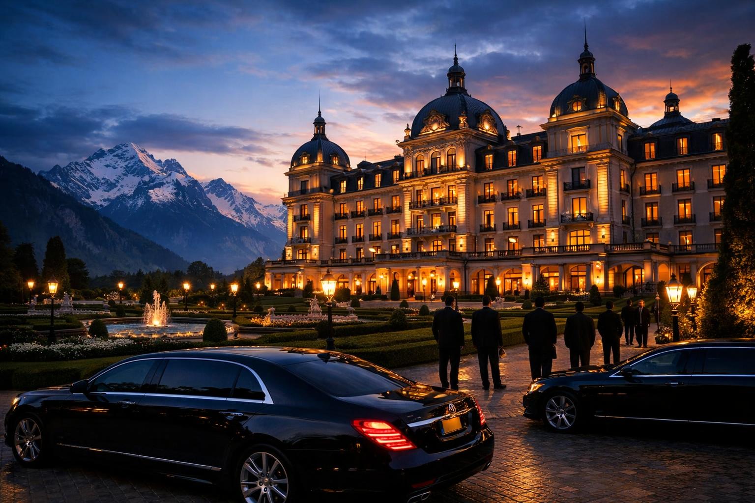 Luxury European hotel at dusk with limousines and security — typical Bilderberg meeting venue